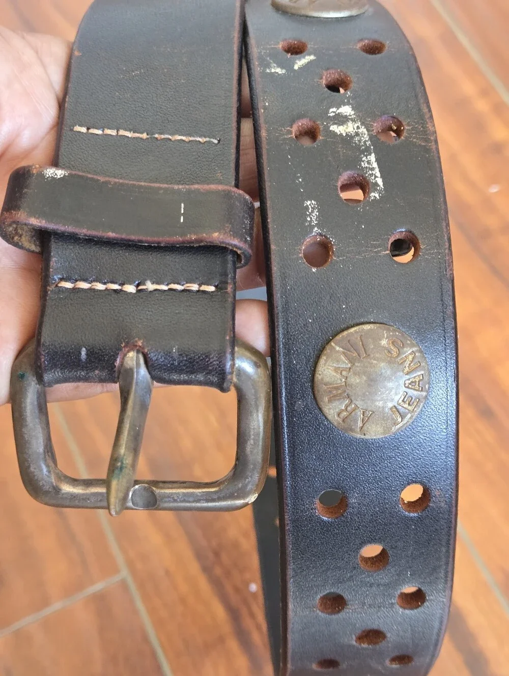 Vintage Armani Distressed Brown Leather Belt Western Grunge Metal Stud Accents